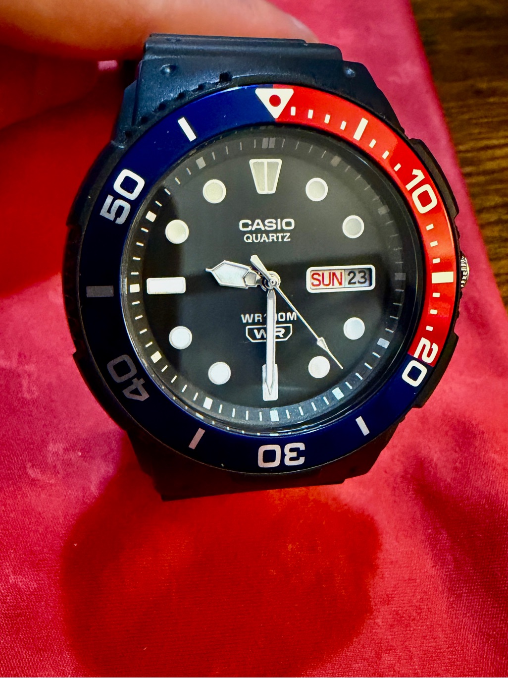 Casio Gmt Mens Black Watch With Blue And Red Bezel